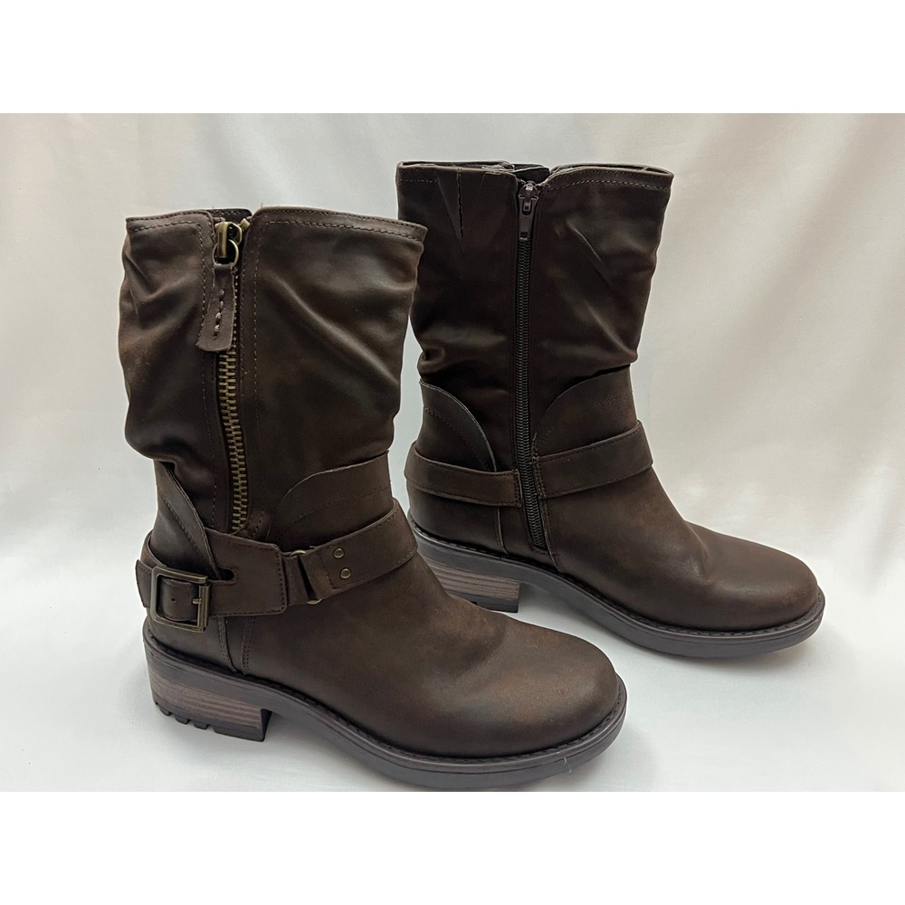 Fergie Maddie Brown Moto Mid Calf Boots Womens 7M Slouchy Buckle Lug Sole